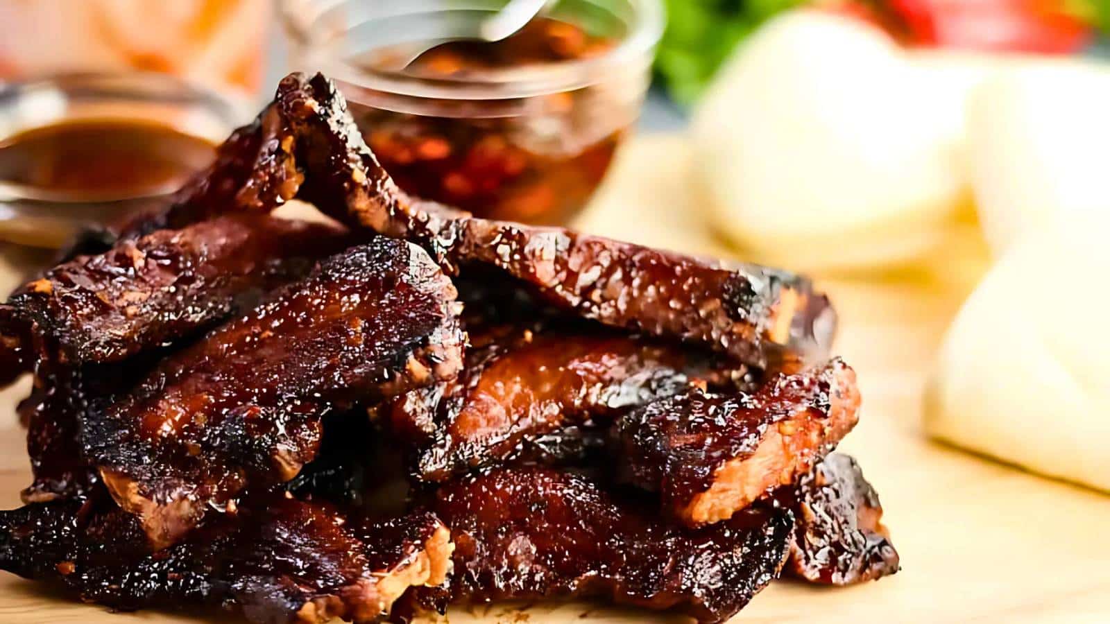 A pile of glazed, grilled ribs on a wooden surface, accompanied by dipping sauces and steamed buns in the background.