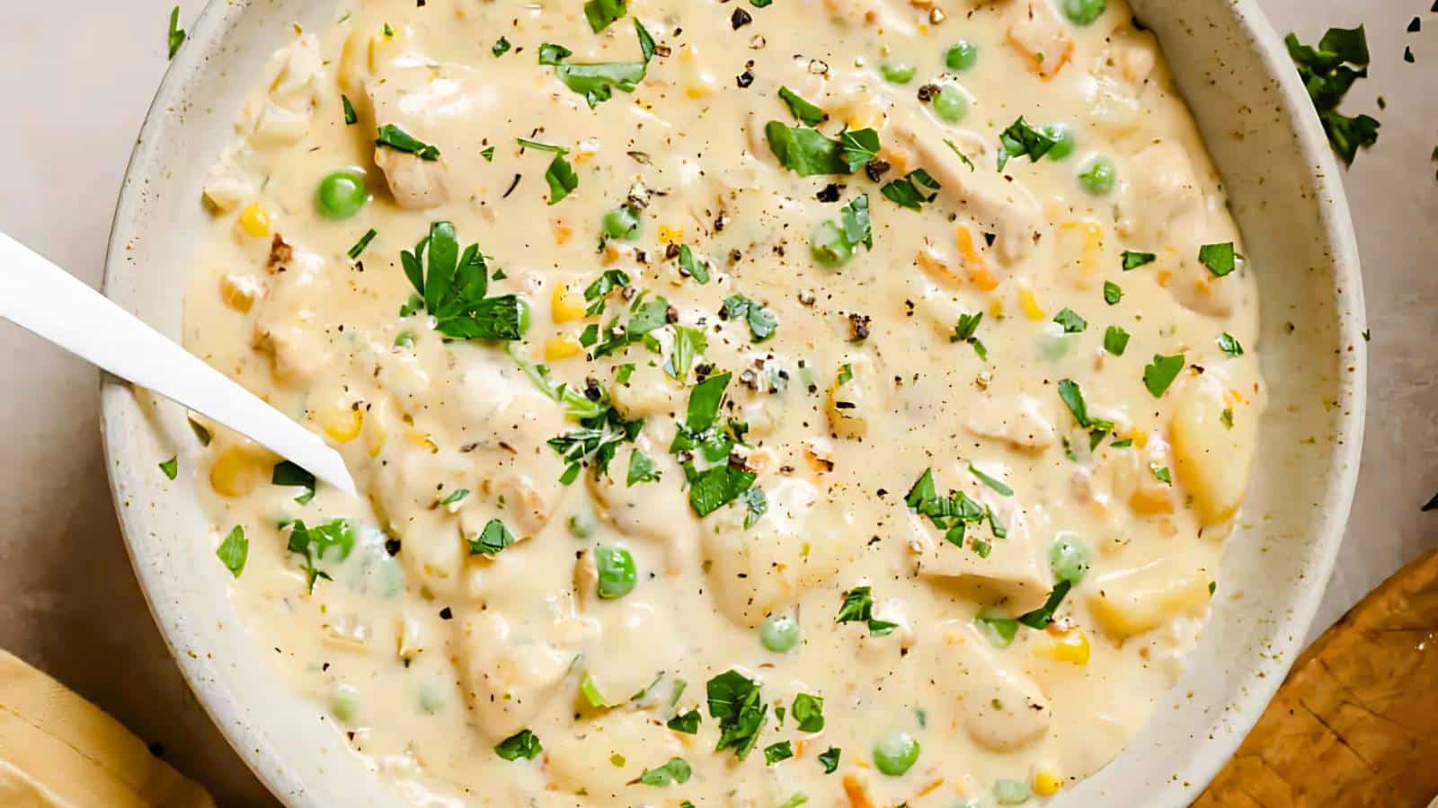 Creamy chicken pot pie filling in a bowl, featuring chicken pieces, peas, carrots, corn, and parsley garnish.