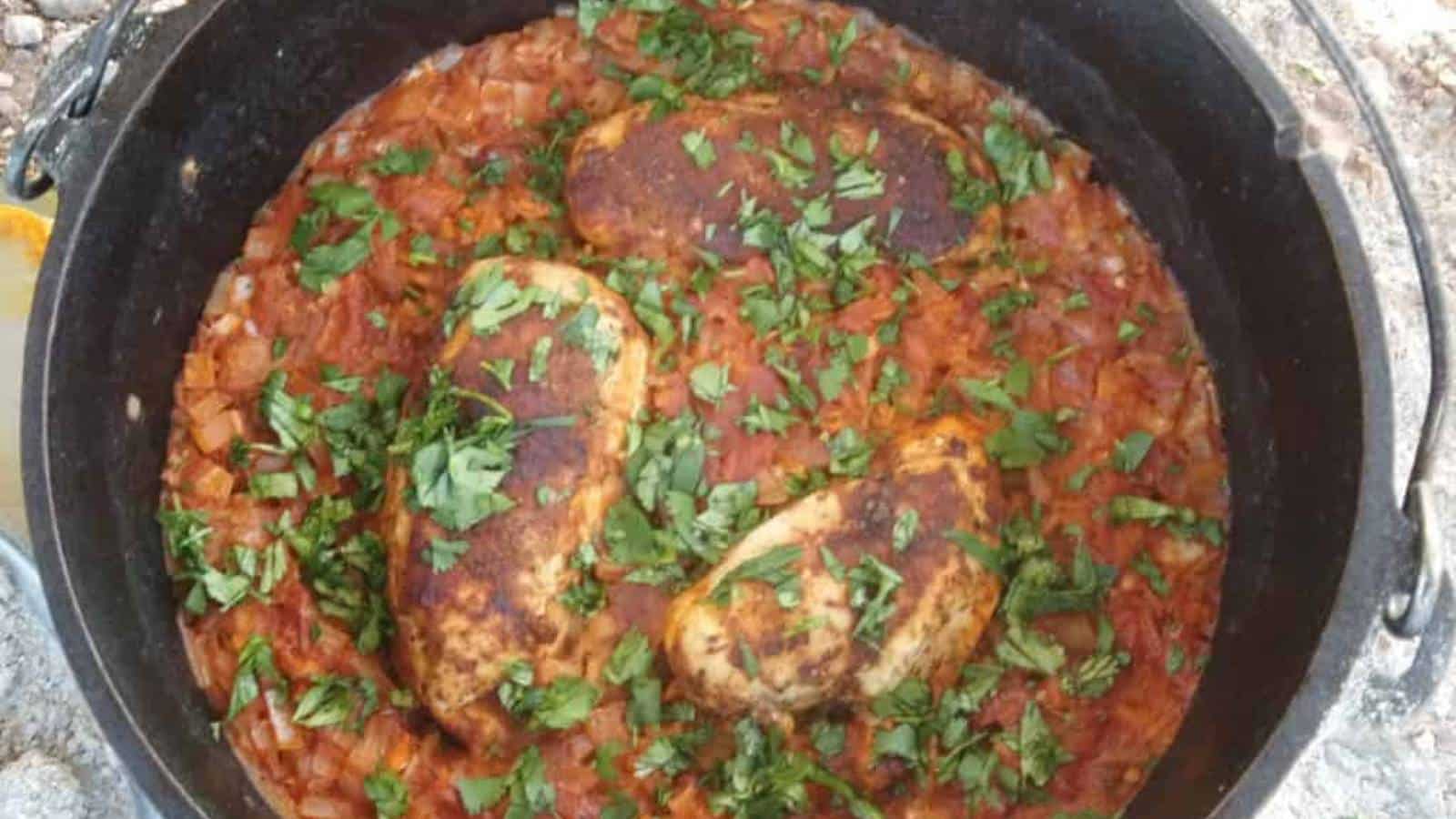 A pot of tomato-based stew with three chicken breasts, garnished with chopped herbs.