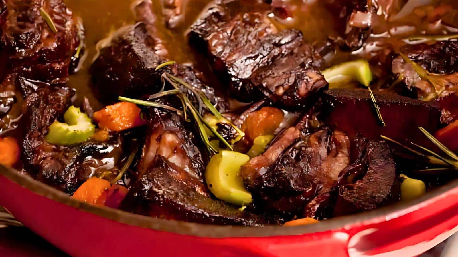 Close-up of a pot roast with beef chunks, carrots, celery, and rosemary in a red dish.
