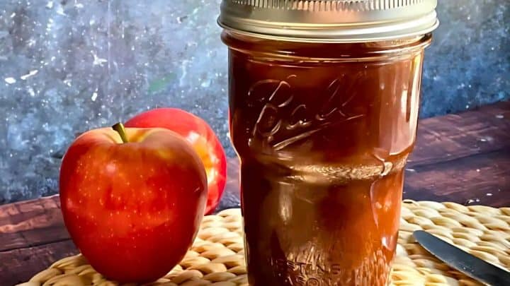 A jar of apple butter with a metal lid rests on a woven mat, accompanied by a whole apple, against a textured background.
