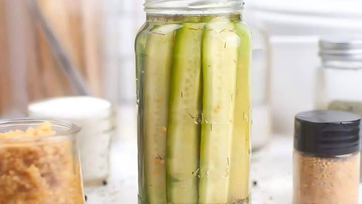 A jar of dill pickles is surrounded by various spices on a countertop.