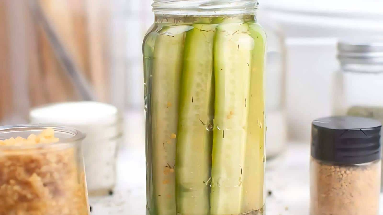 A jar of dill pickles is surrounded by various spices on a countertop.