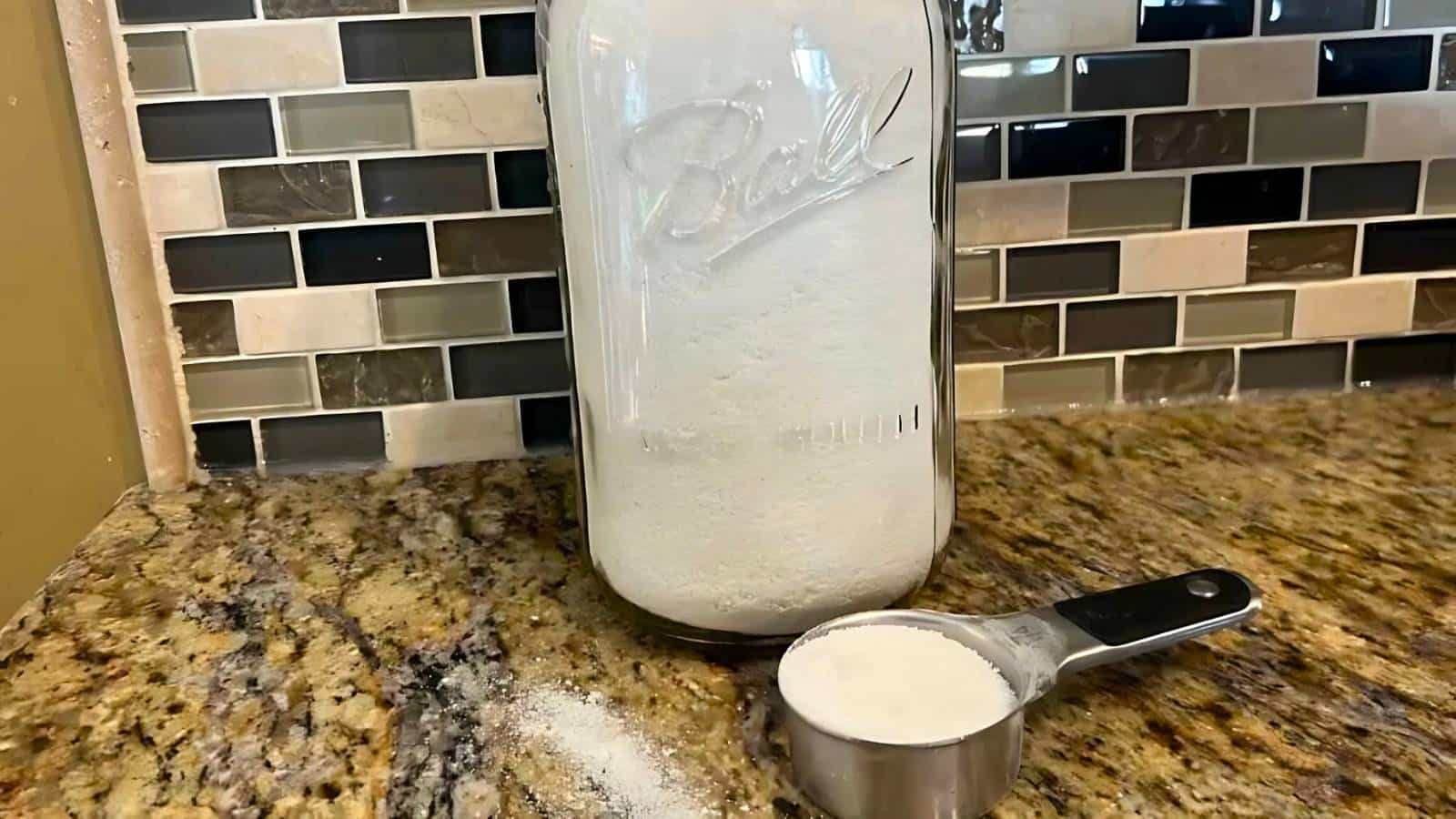 A large glass jar filled with white powder sits on a kitchen counter. A metal measuring cup with some powder beside it is in the foreground.