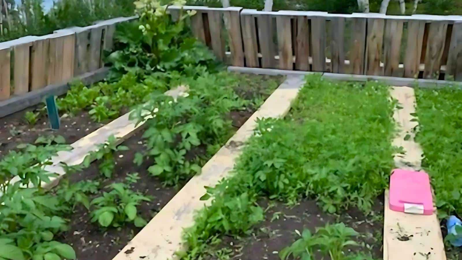 A garden with green plants growing in neat rows, surrounded by a wooden fence. A pink garden tool lies on the right side of the soil bed.