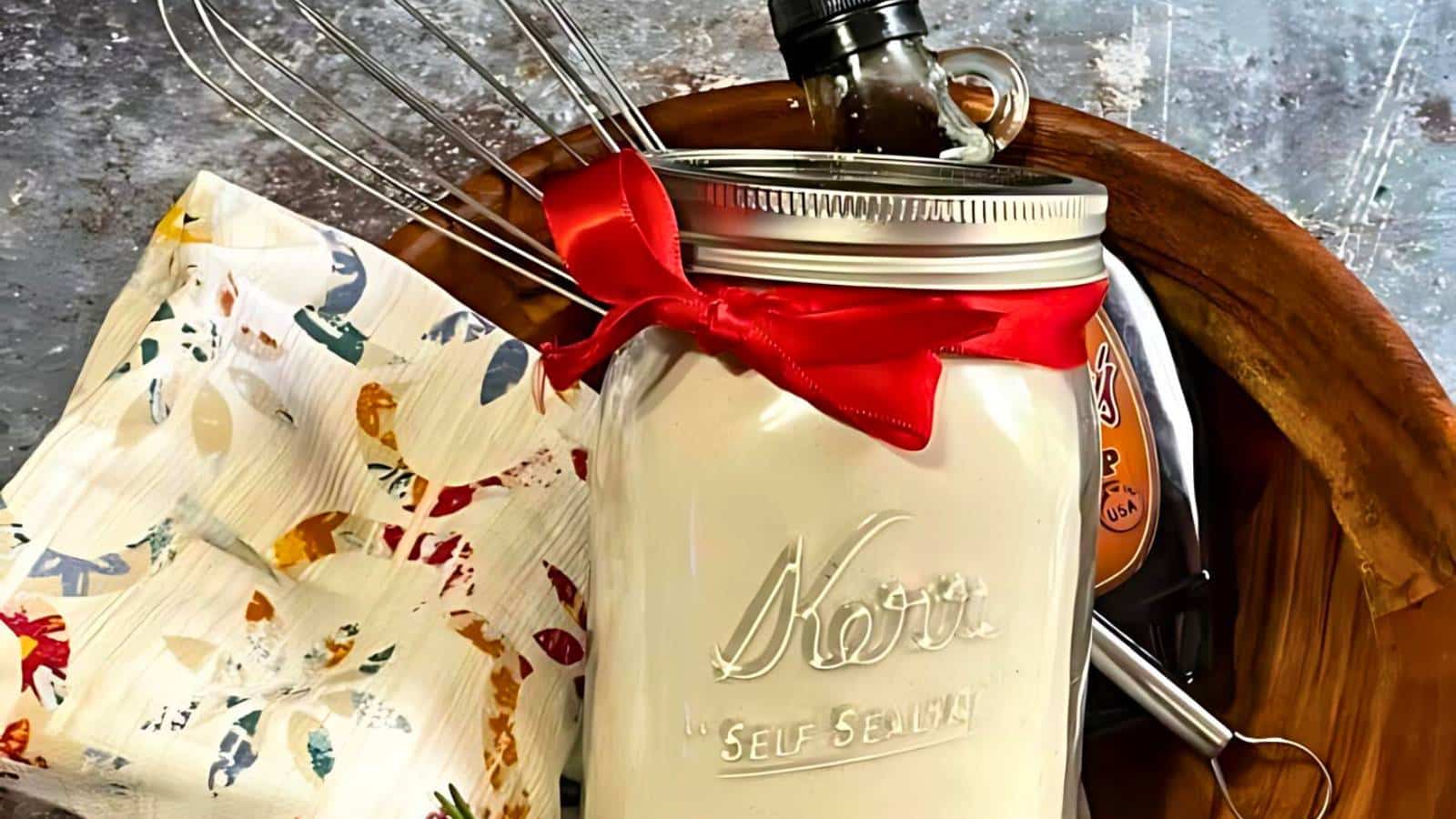 A jar with a red ribbon, a whisk, and a bottle of syrup are placed in a wooden bowl next to a patterned kitchen towel.