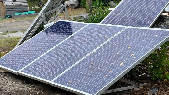 Close-up of two slightly tilted solar panels outdoors, with fallen leaves scattered on the surface.