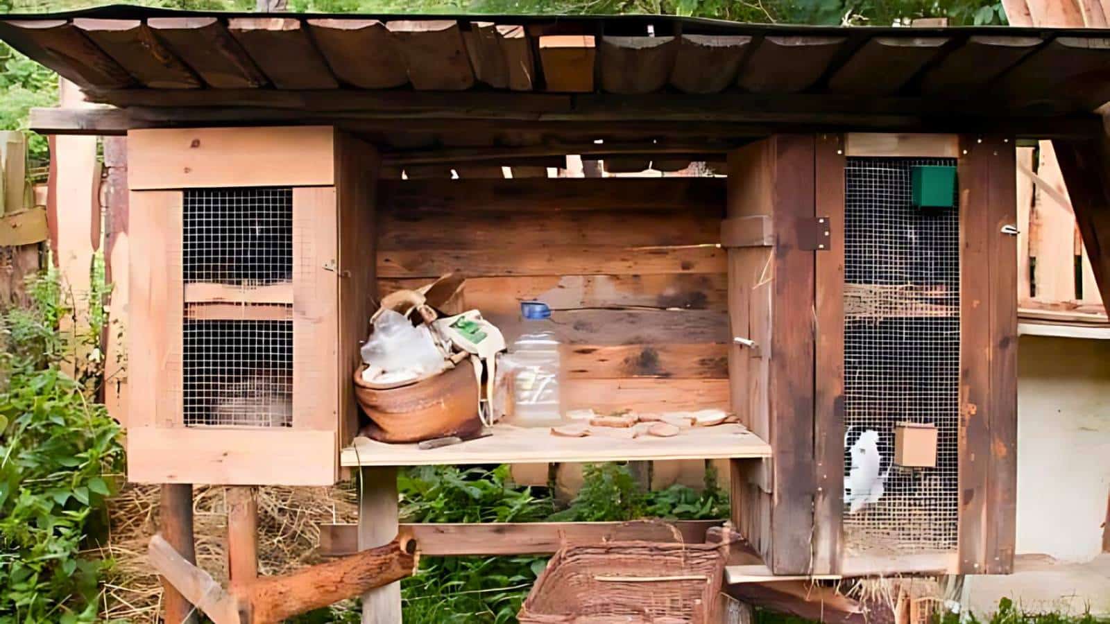 A rustic wooden hutch with wire mesh doors is surrounded by foliage. Inside are various containers and supplies.