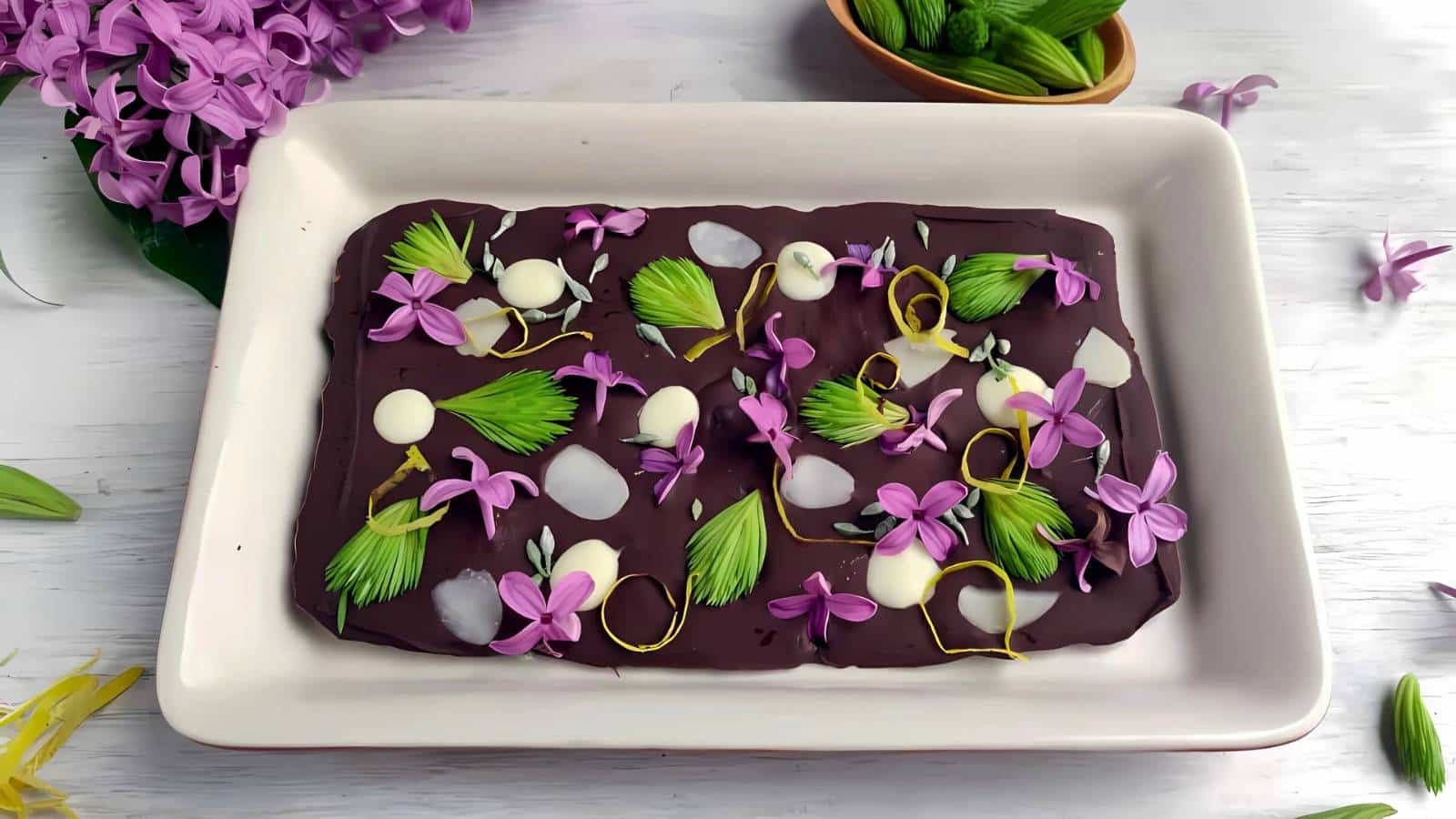 A rectangular dish with dark chocolate topped with green leaves, white dollops, and purple flowers, set on a white surface next to a bowl of leaves and purple flowers.