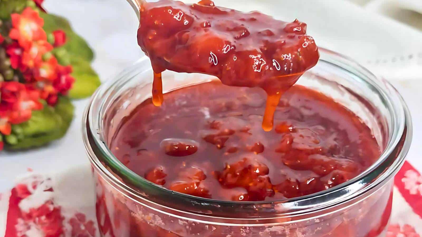 A close-up of a spoon lifting strawberry jam from a glass jar. A cluster of red flowers and green leaves is blurred in the background.