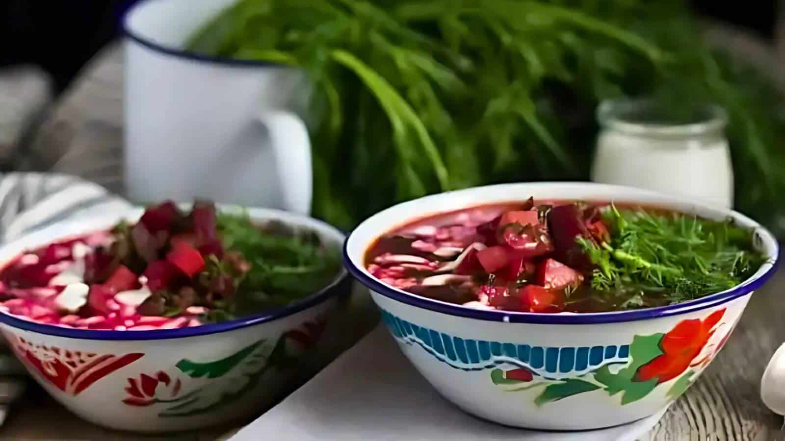 Two bowls of soup with herbs and vegetables on a table, a mug and jar in the background.
