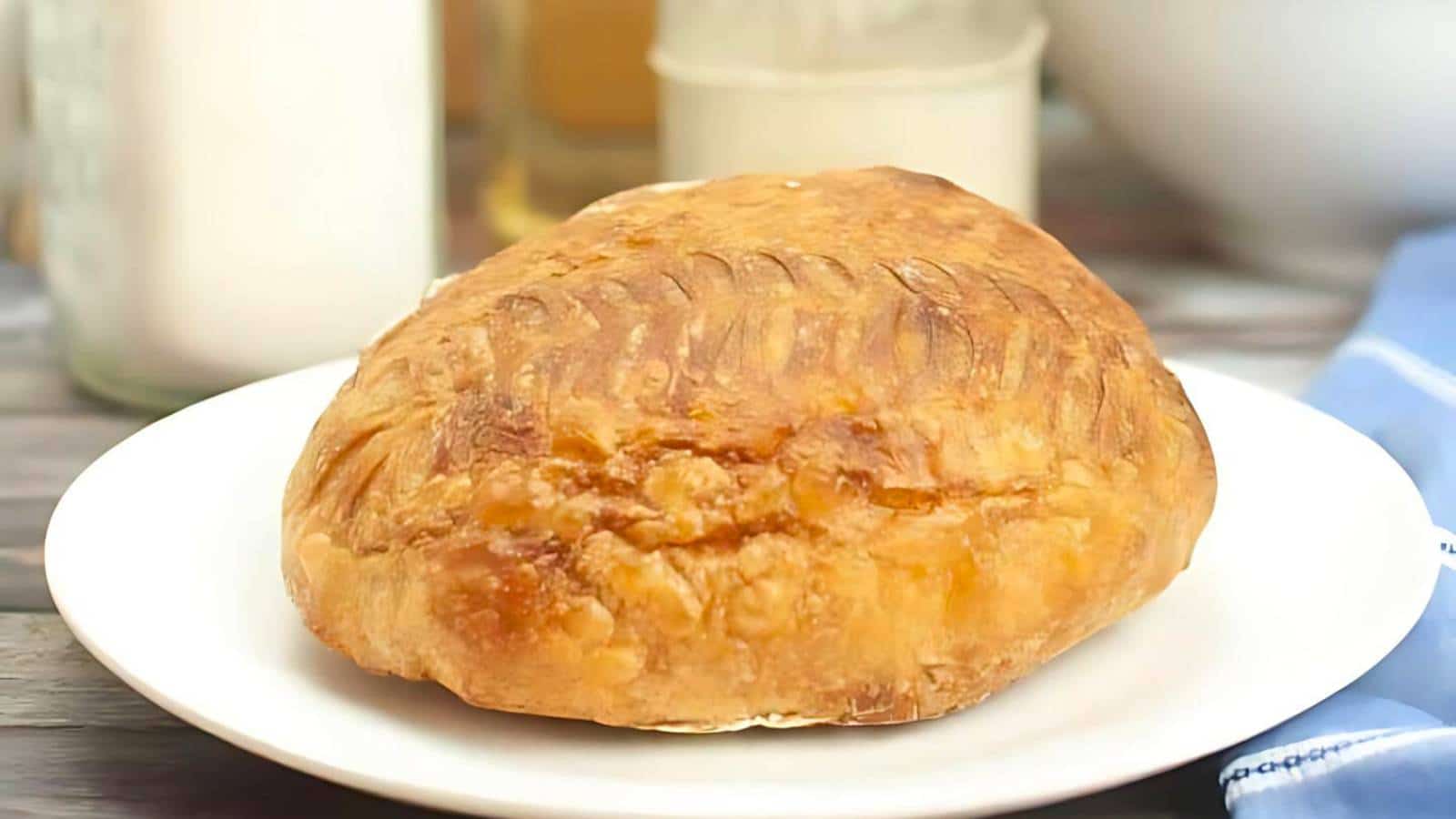 A loaf of round, crusty bread on a white plate with a textured surface, set on a wooden table.