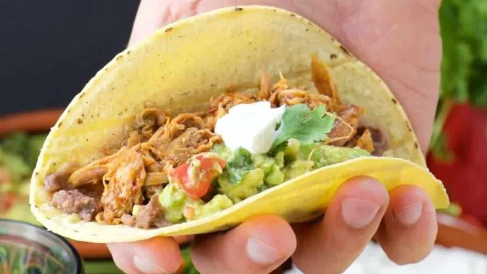 Hand holding a taco with shredded meat, guacamole, a dollop of sour cream, and a cilantro leaf in a soft shell.
