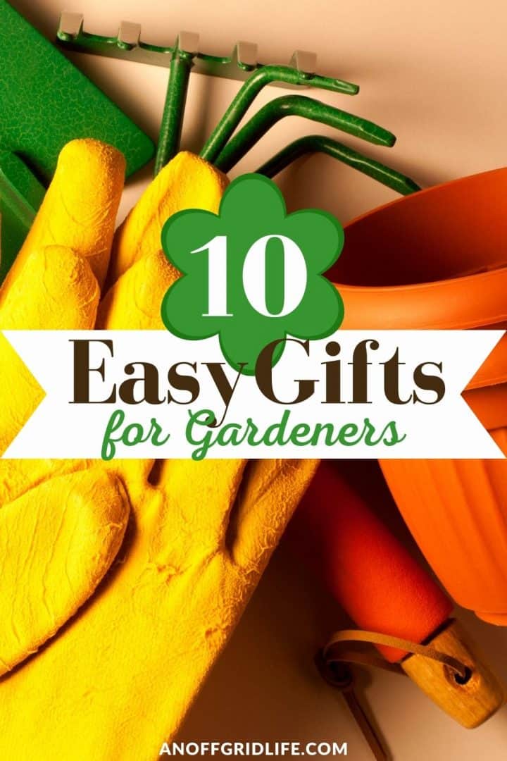 a pinterest image of a gardening trowel, yellow gloves and orange pots with text overlay "10 easy gifts for gardeners"