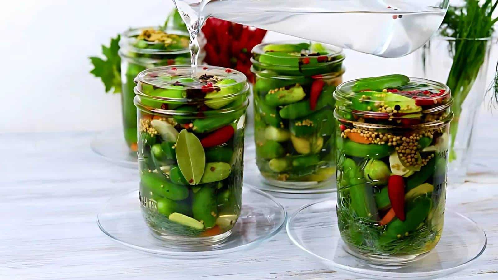 A hand holding a fork reaches for a cherry tomato in a dish of cherry tomatoes, scallions, and sauce on a white square plate on a wooden surface.