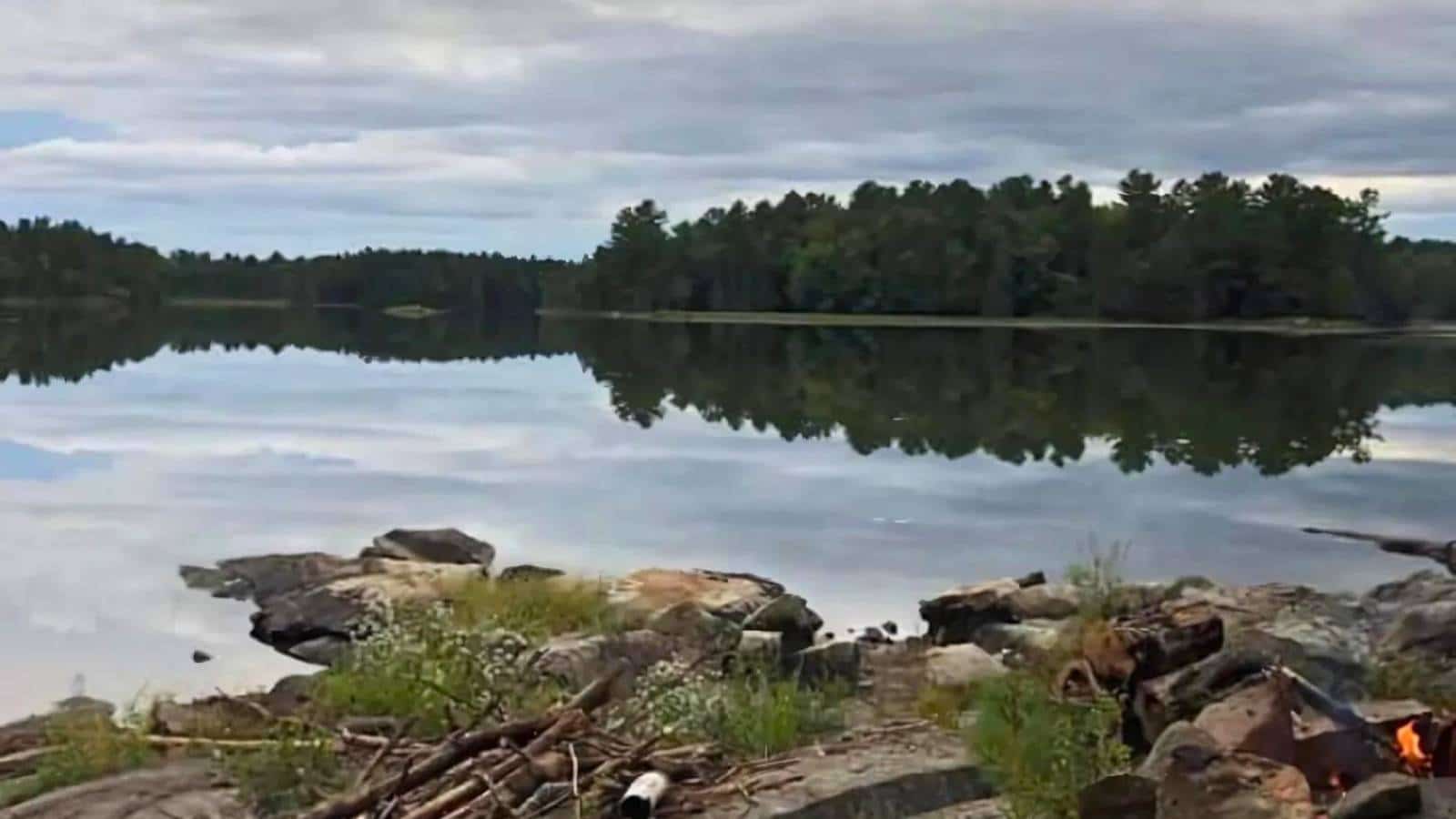 The calm lake, like a serene canvas reflecting the cloudy sky, is surrounded by dense trees. In the foreground, where small waves gently kiss the rocky shore, you can almost sense nature’s way of reminding us to prep smart for outdoor adventures.
