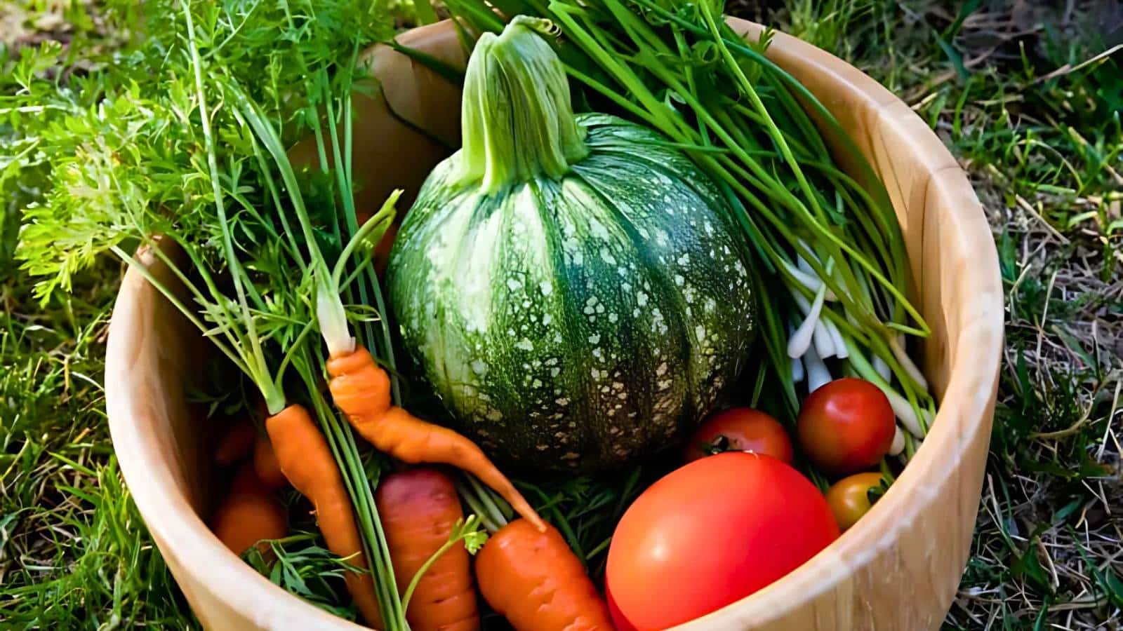 A wooden bowl filled with various fresh vegetables, including a round zucchini, tomatoes, carrots, and green onions, placed on grass.