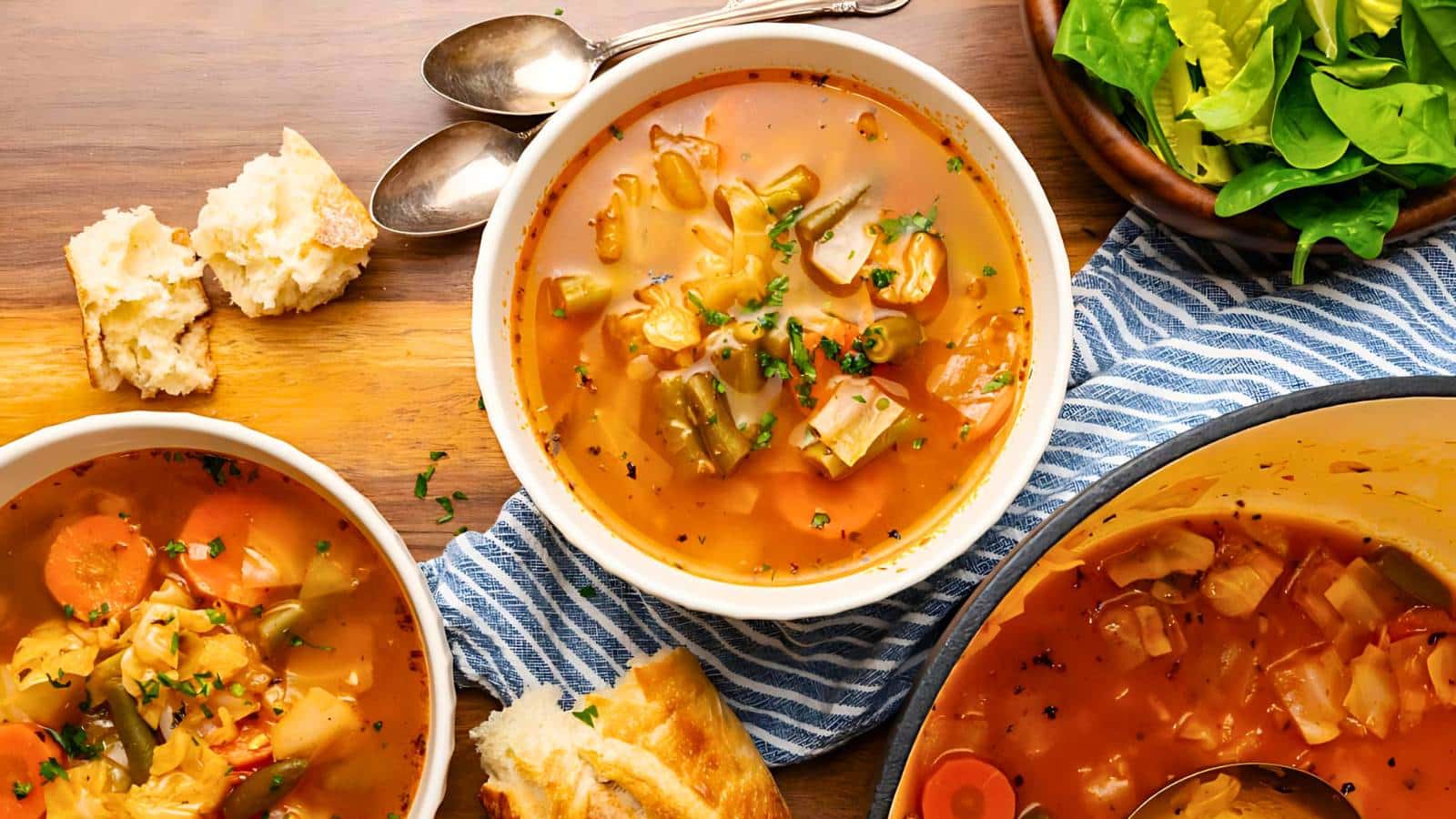 A wooden table set with bowls of vegetable soup, pieces of bread, spoons, and a bowl of fresh green salad. A blue and white striped cloth is also visible.