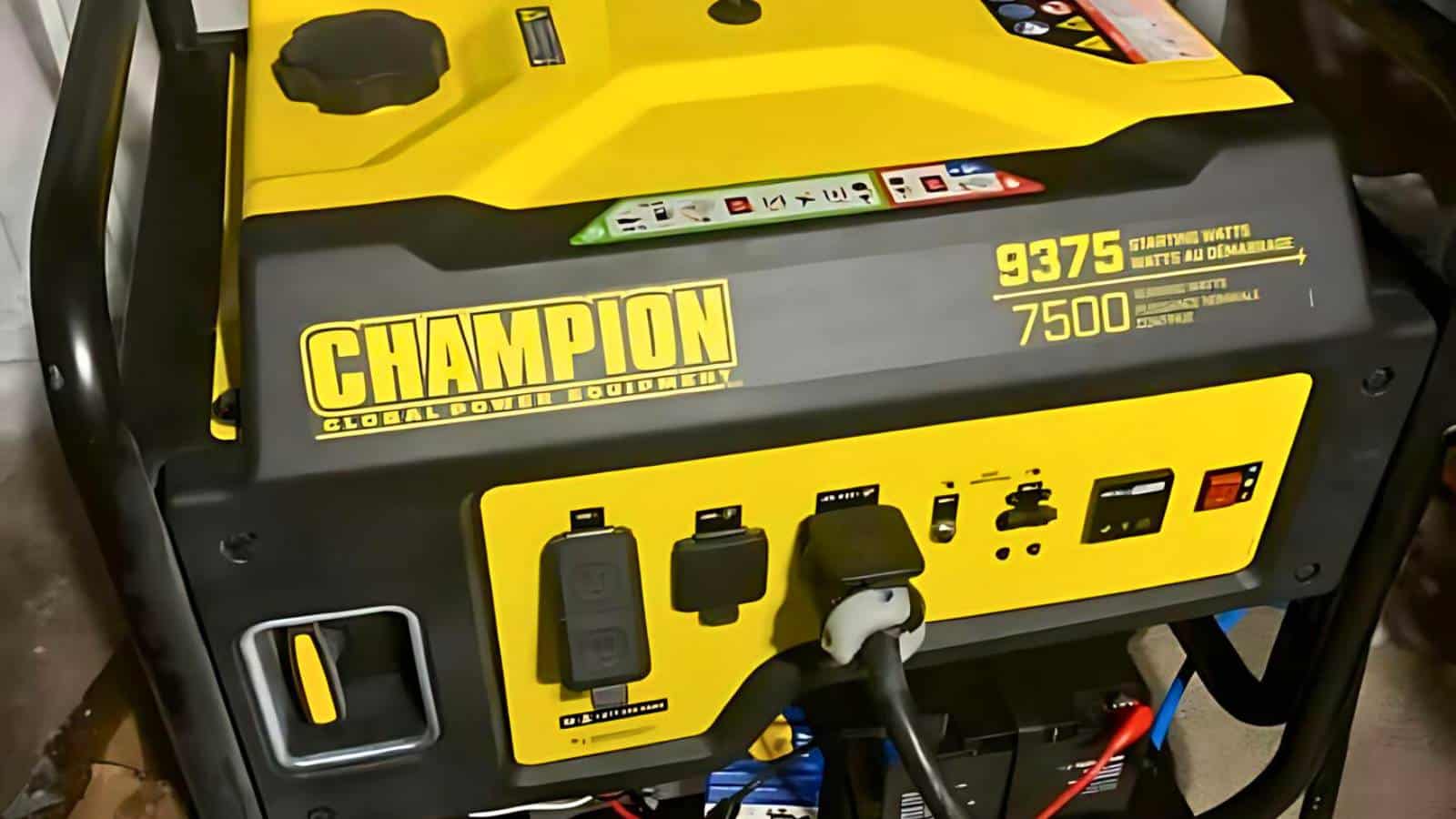 A Champion 9375/7500-watt portable generator with control panel, multiple outlets, and yellow and black design.