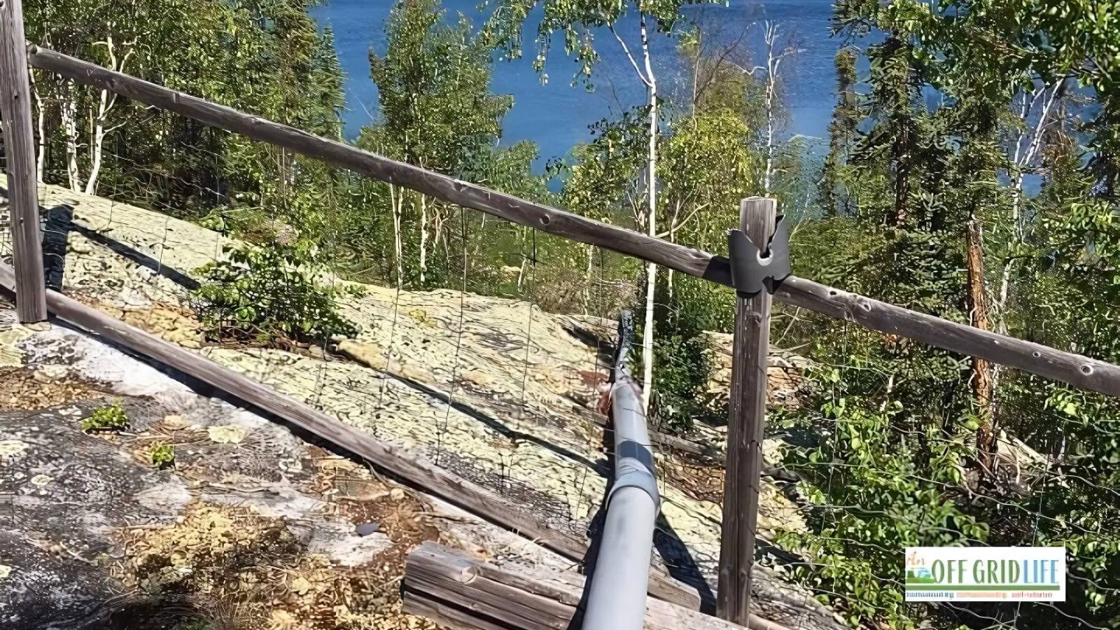 A wooden fence with a metal pipe on a rocky path near green trees and a blue lake.