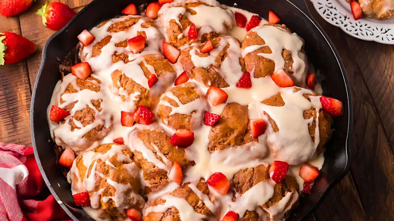 A skillet filled with cinnamon rolls topped with white icing and chopped strawberries.