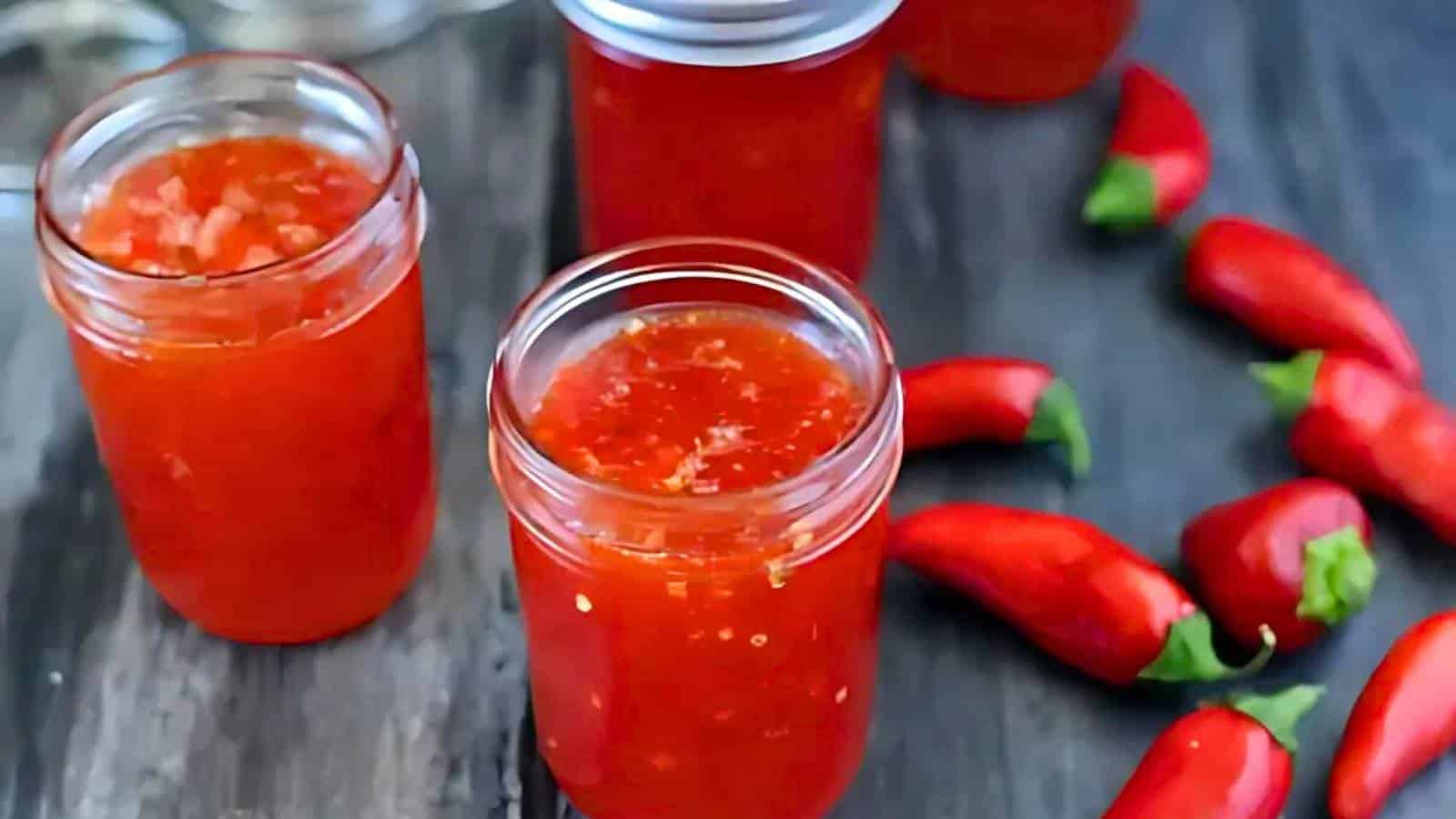 Three jars of red chili jam are placed on a dark surface with several whole red chili peppers scattered around them.