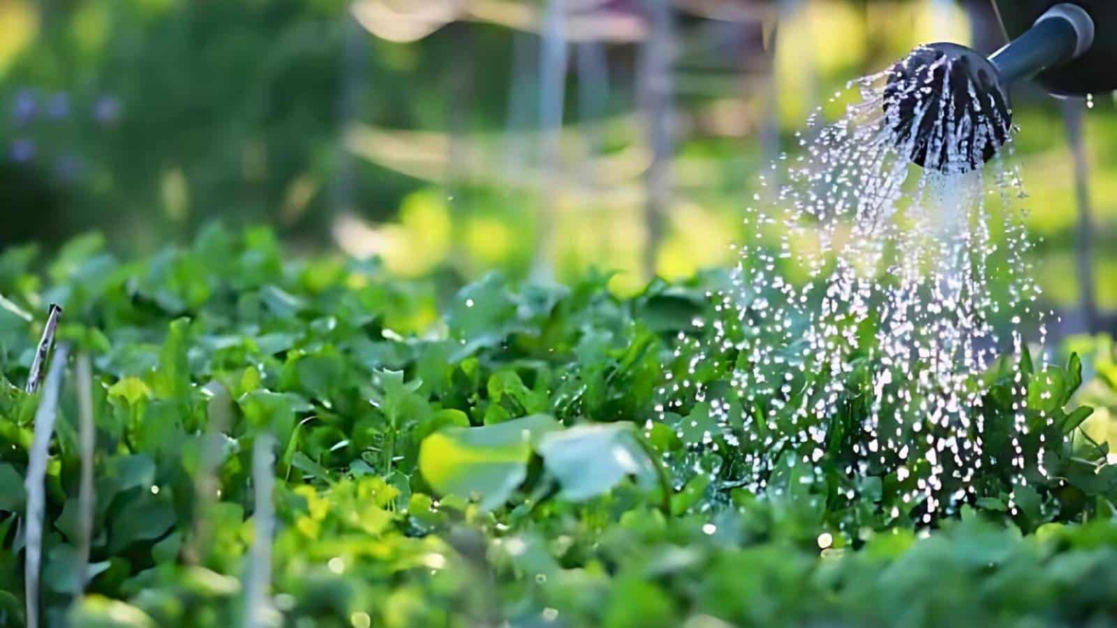 A bee hovers near purple lavender flowers in a green garden.