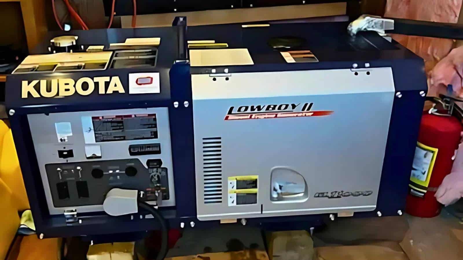 A row of large red batteries with black tops, connected by cables, placed against a wall. A pair of gloves lies on the floor nearby.