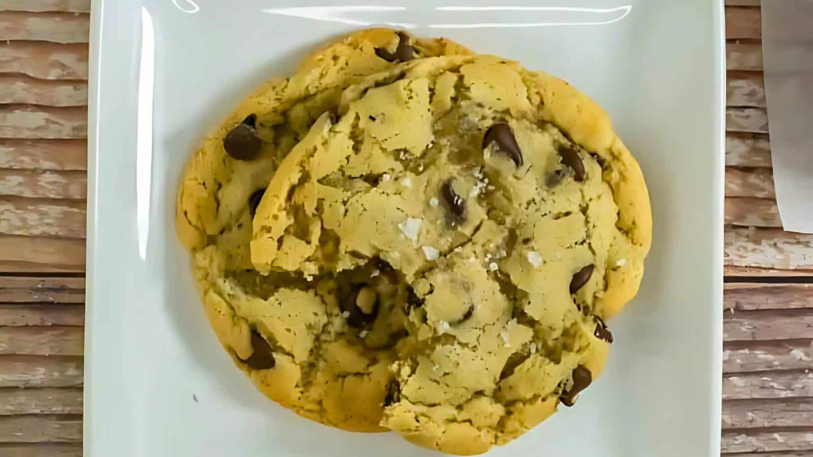 Two chocolate chip cookies on a white square plate, placed on a wooden surface.