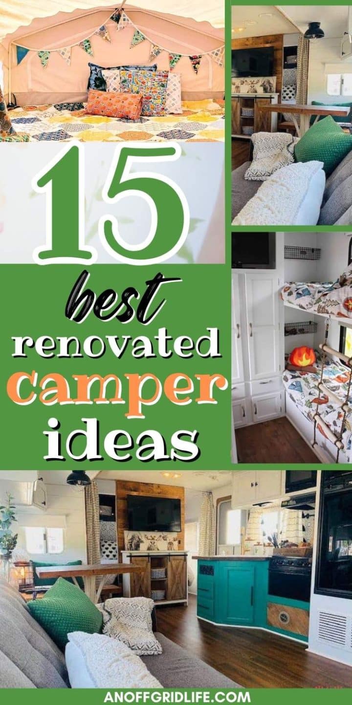 Collage of 15 camper interior design ideas, featuring cozy spaces, functional storage solutions, and vibrant decor elements.
