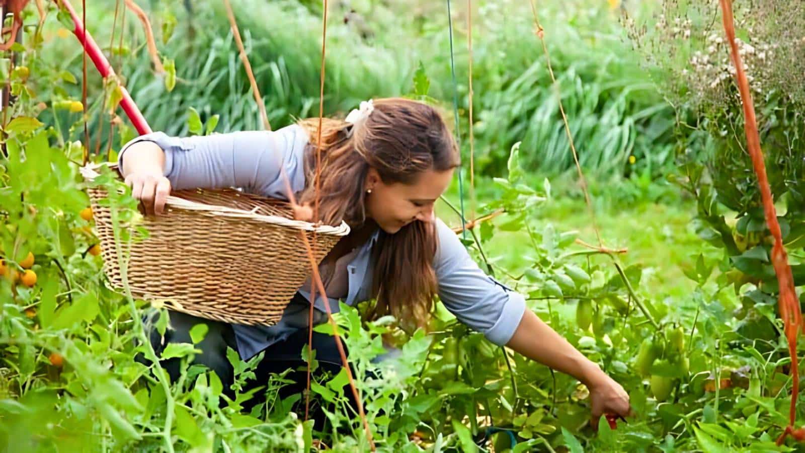 A woman crouches in a lush garden, holding a wicker basket with one hand while reaching to pick a green vegetable with the other.