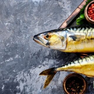 a picture of two smoked fish on a platter with a grey background
