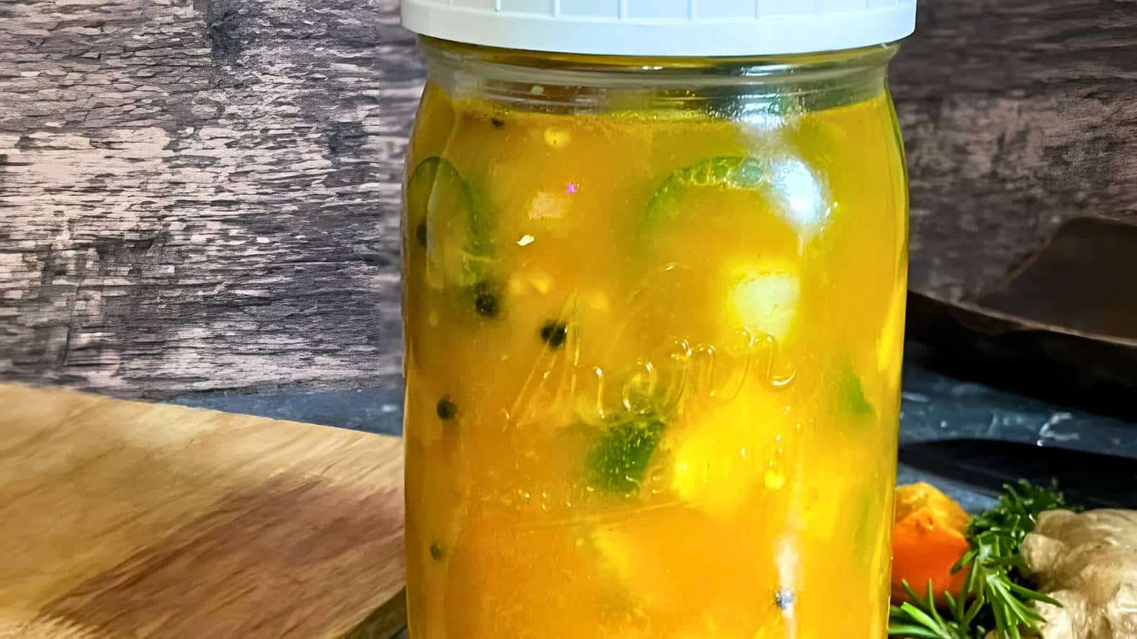 A clear jar filled with yellow pickled vegetables, including slices of lime and herbs, sits on a wooden surface against a rustic background.