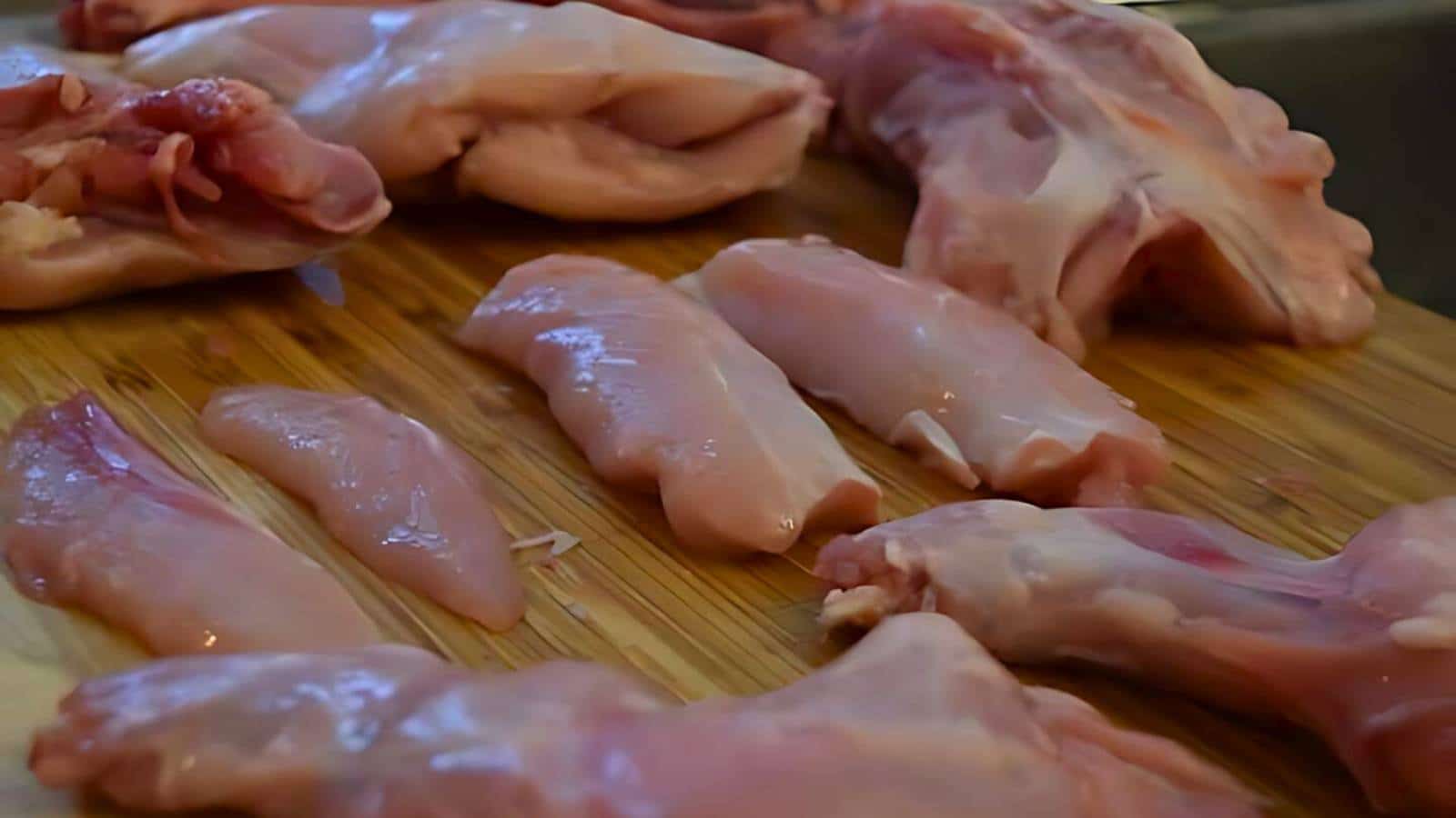 Raw pieces of rabbit meat on a wooden cutting board.