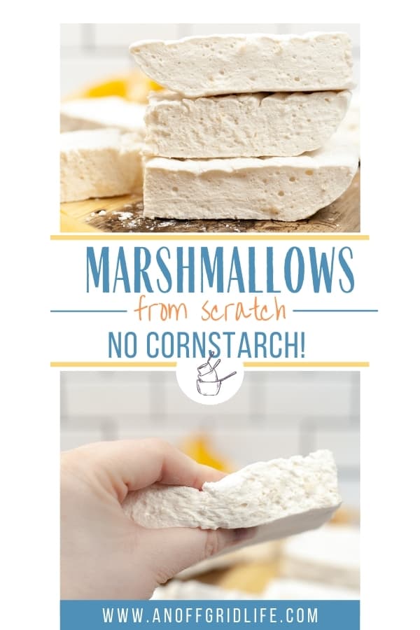 Homemade Marshmallows from Scratch text overlay on woman's hand holding large homemade marshmallow