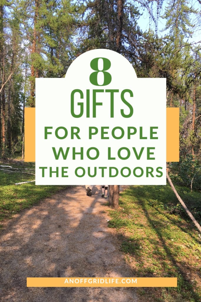 A forest trail with trees and sunlight, overlaid with text that reads "8 Gifts for People Who Love the Outdoors"—perfect inspiration for finding gifts for people who love the outdoors—plus a website URL, anoffgridlife.com.