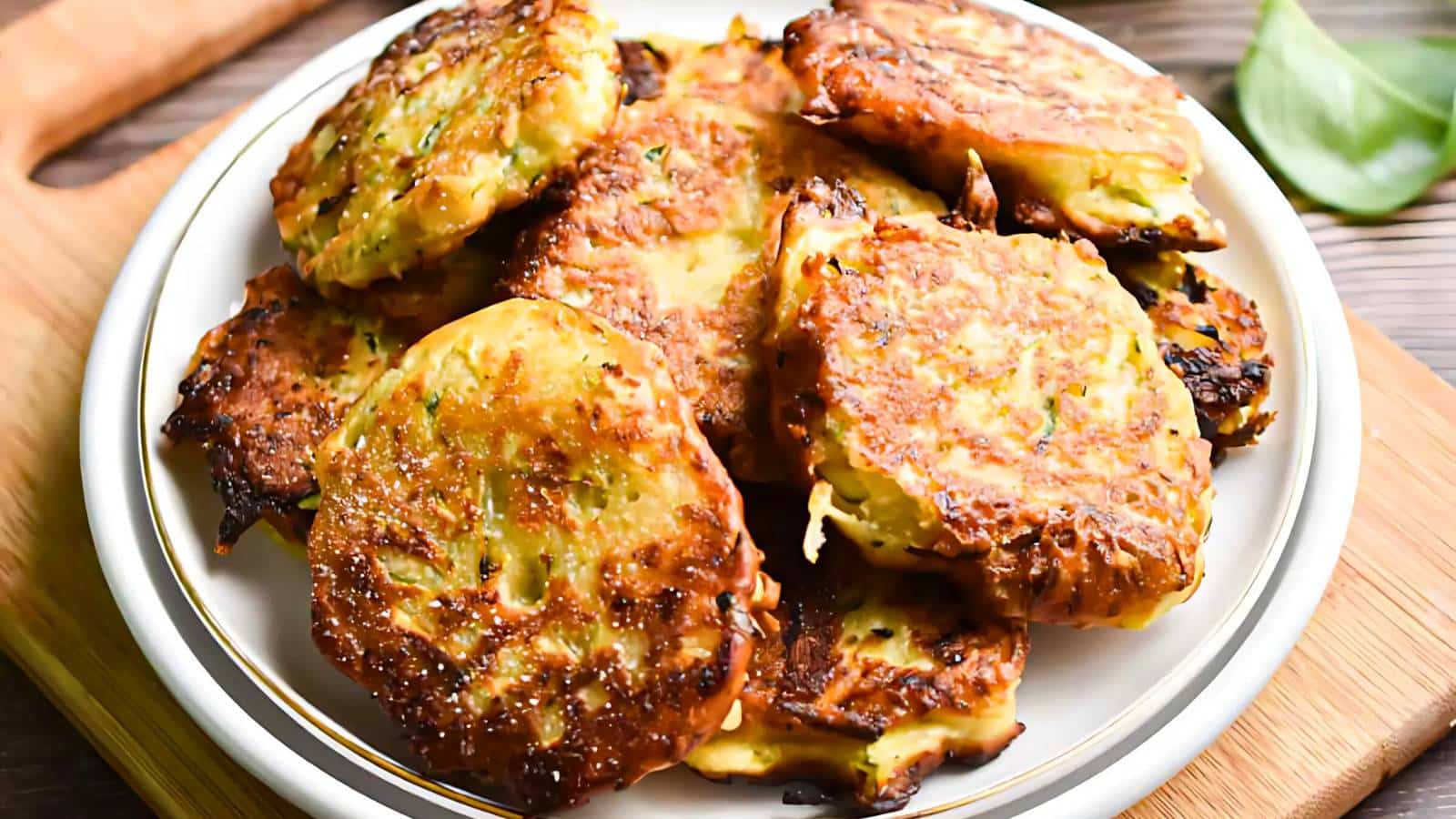 Plate of golden-brown vegetable fritters stacked on a white dish, resting on a wooden surface, with a leaf garnish slightly visible in the background.
