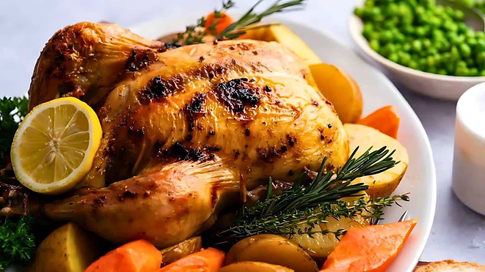Roasted chicken garnished with lemon and herbs, surrounded by carrots and potatoes on a white plate. Peas are in a small bowl nearby.