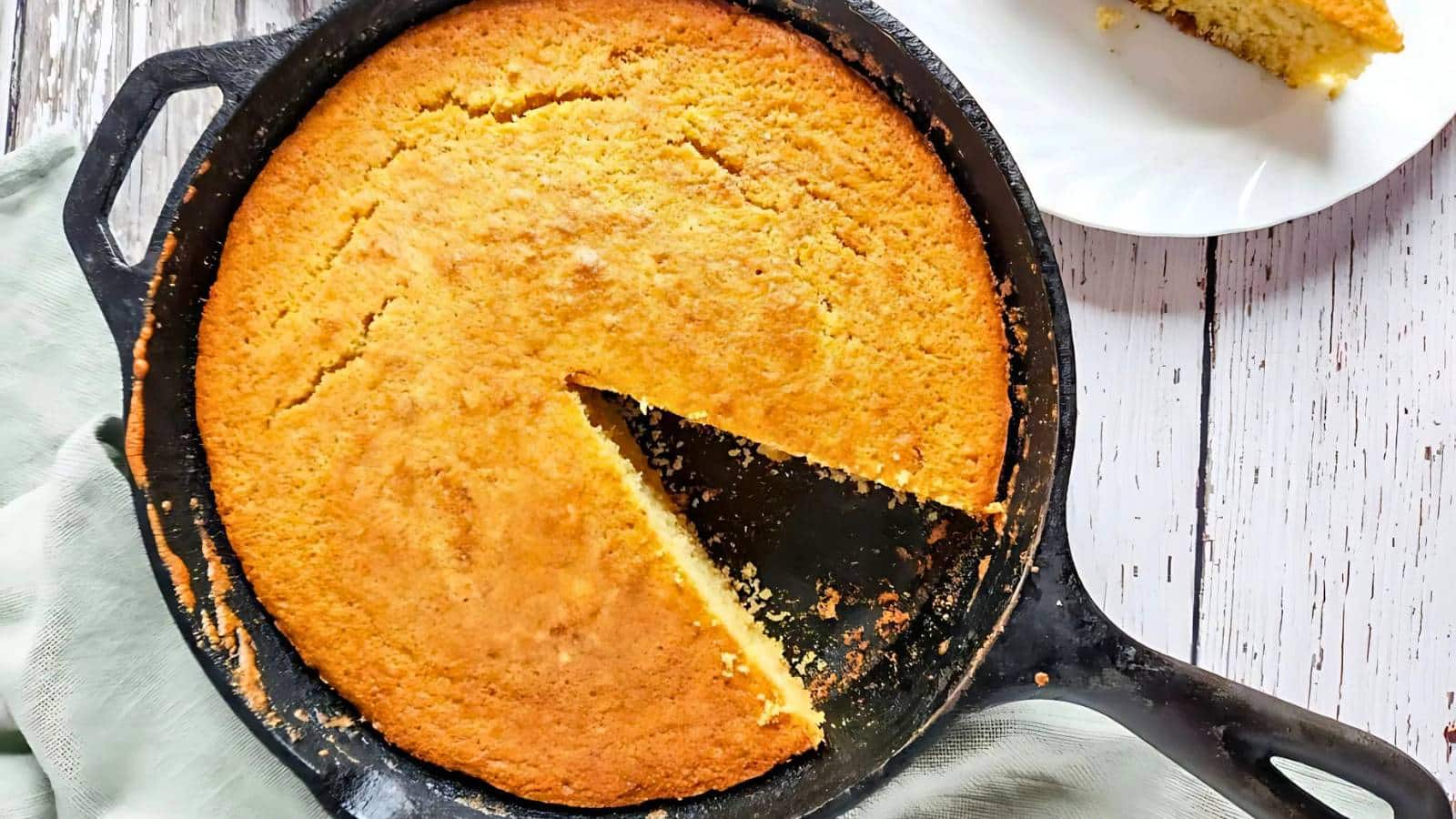 A cast iron skillet with cornbread, missing one slice, placed on a light wooden surface. A white plate with the missing slice is partially visible in the background.