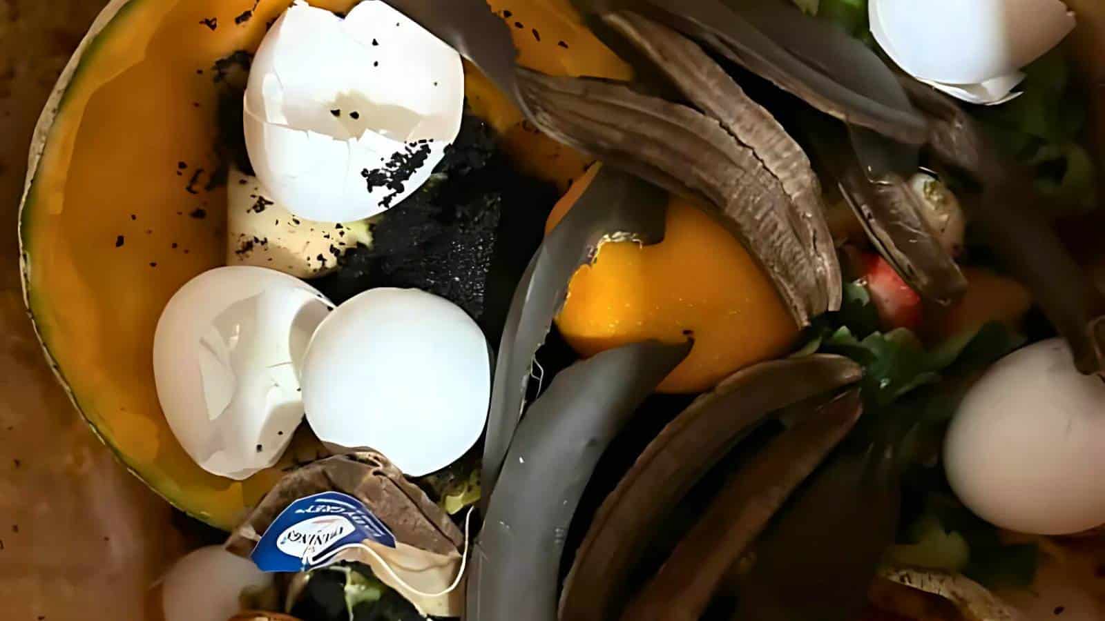 A pile of food waste including cracked eggshells, banana peels, a pumpkin rind, and various fruit and vegetable scraps.