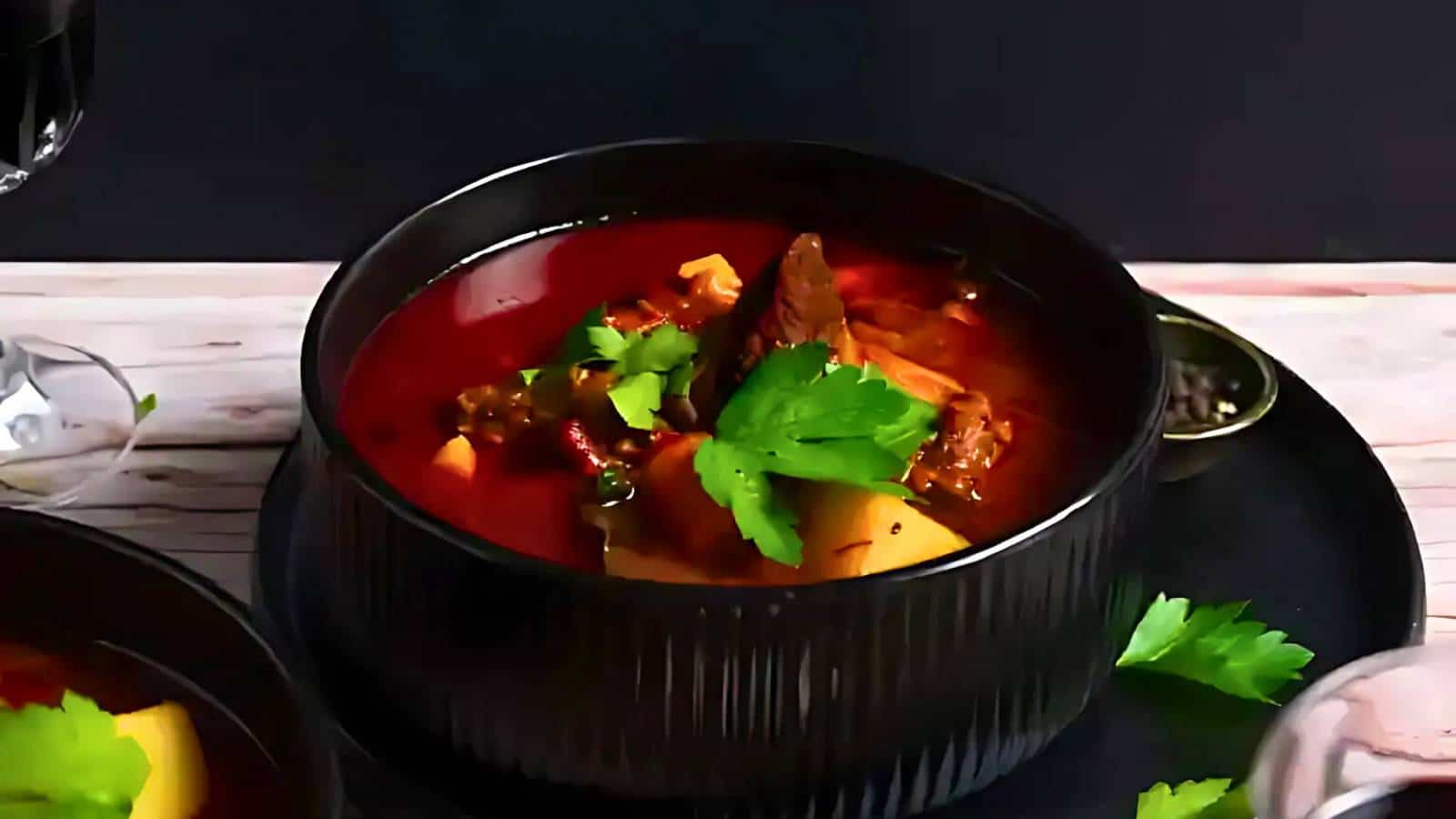 A bowl of red soup containing chunks of meat and vegetables, garnished with fresh cilantro, placed on a dark plate.