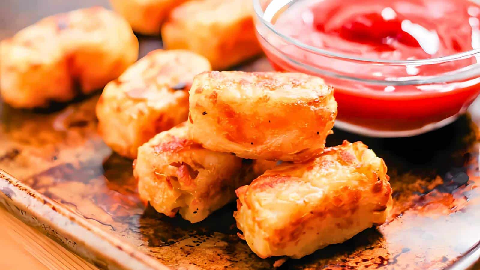 Several tater tots are stacked on a tray next to a small bowl of ketchup.