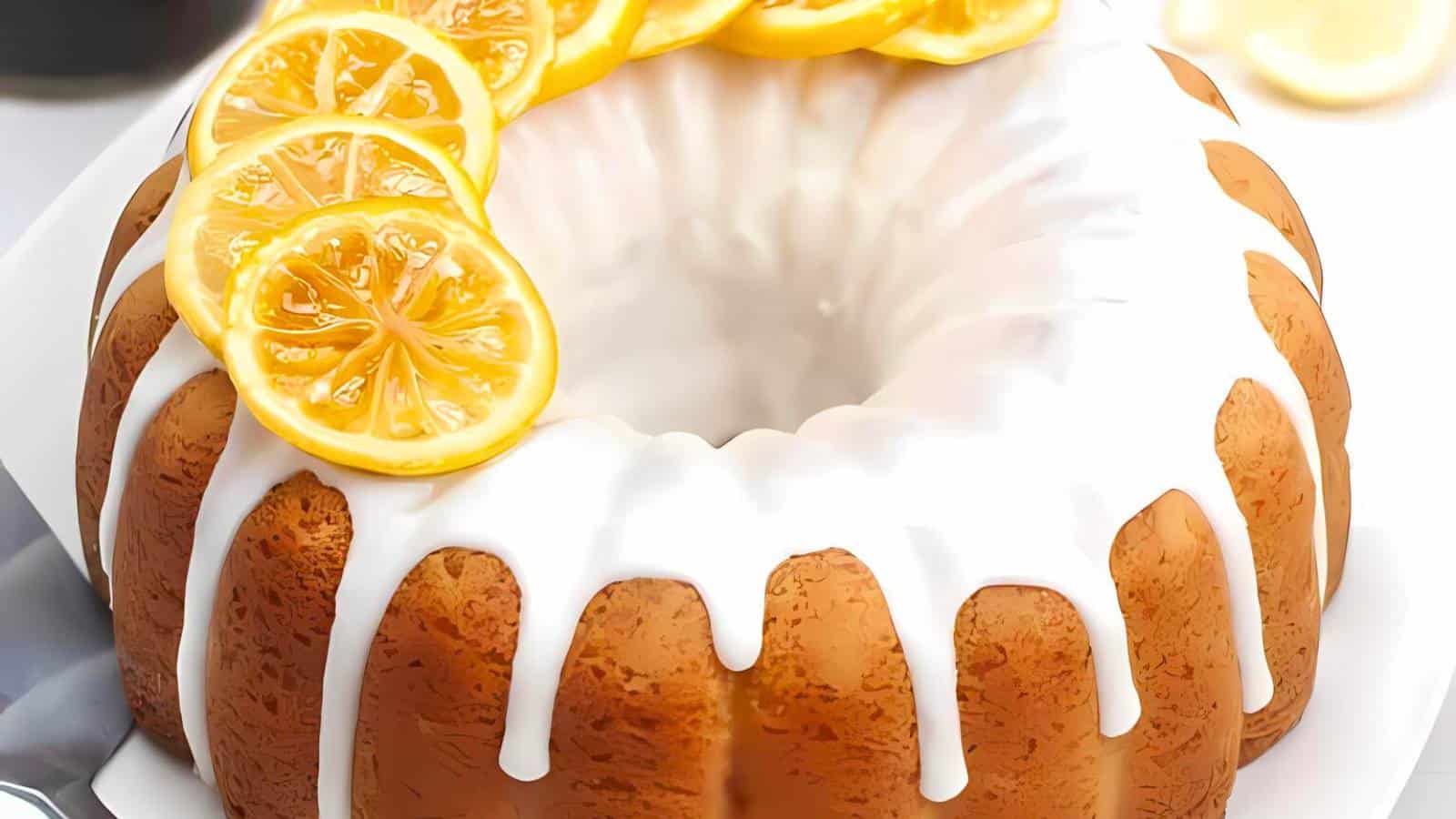 A bundt cake with white icing drizzled on top, garnished with slices of lemon arranged on one side.