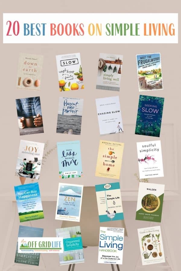 Best books on simple living covers on tan background - text overlay is 20 best books on simple living