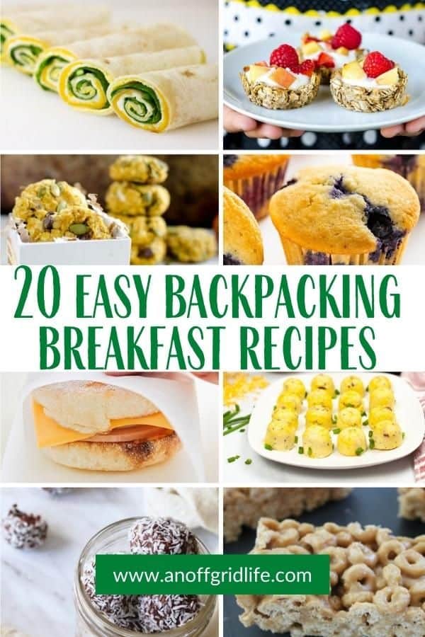 20 Easy Backpacking Breakfast Recipes text overlay on collage of breakfast recipes