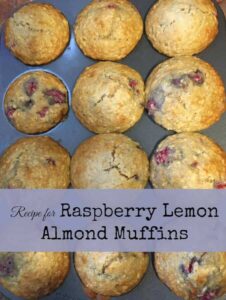 Recipe for Raspberry Lemon Almond Muffins text overlay on image of muffins in pan