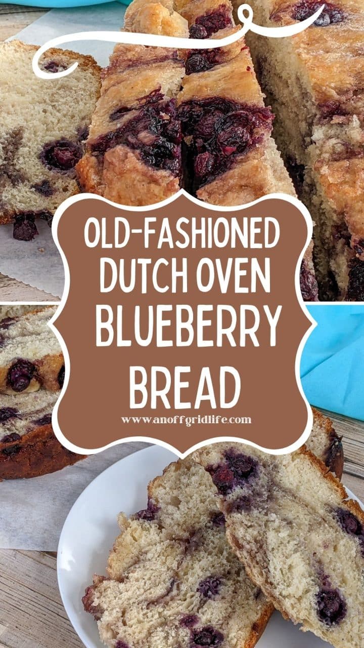 Sliced blueberry bread with visible berries, shown in a Dutch oven and on a plate, with text overlay reading "Old-Fashioned Dutch Oven Blueberry Bread.