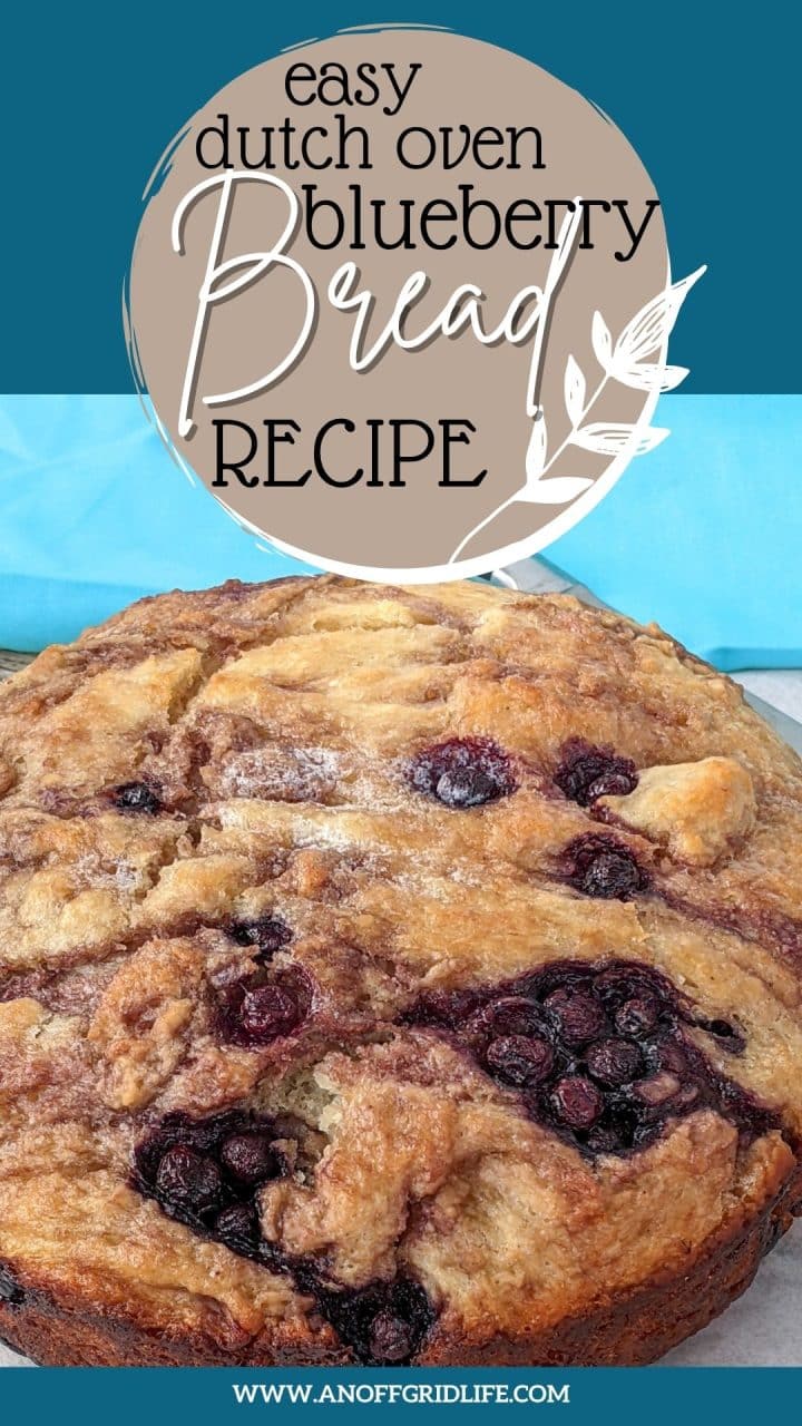 Freshly baked blueberry bread with a golden-brown crust and visible blueberries, displayed under a sign reading "Easy Dutch Oven Blueberry Bread Recipe.
