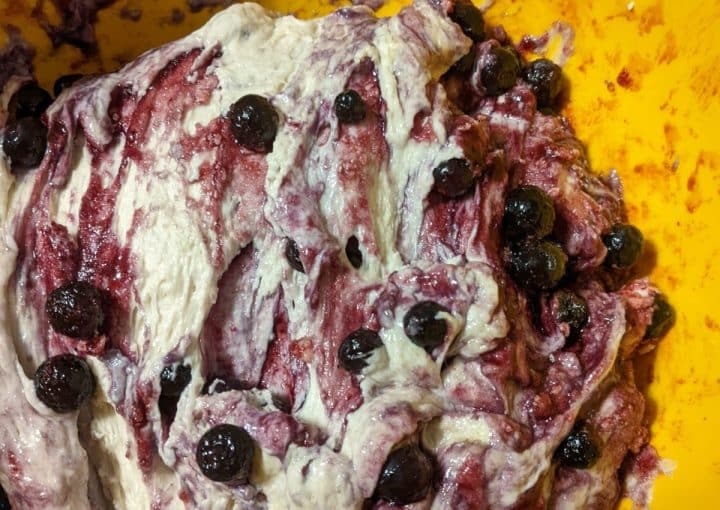 Close-up of a bowl of bread dough with visible swirls of blueberry filling and whole blueberries mixed in.