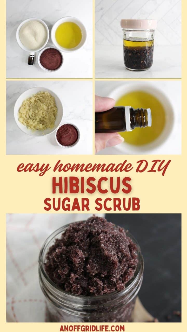 A step-by-step guide for making a homemade hibiscus sugar scrub, showing ingredients, mixing process, and the finished scrub in a jar.